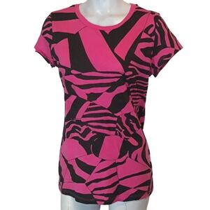 Hot Pink Black Graphic Tee Abstract Print Y2K‎ Fitted Short Sleeve Top Women